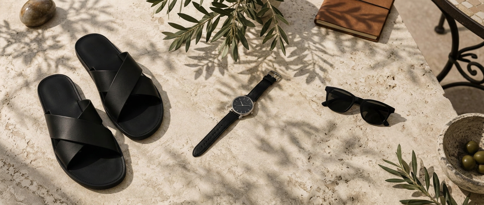 Black leather sandals, sunglasses and a simple watch