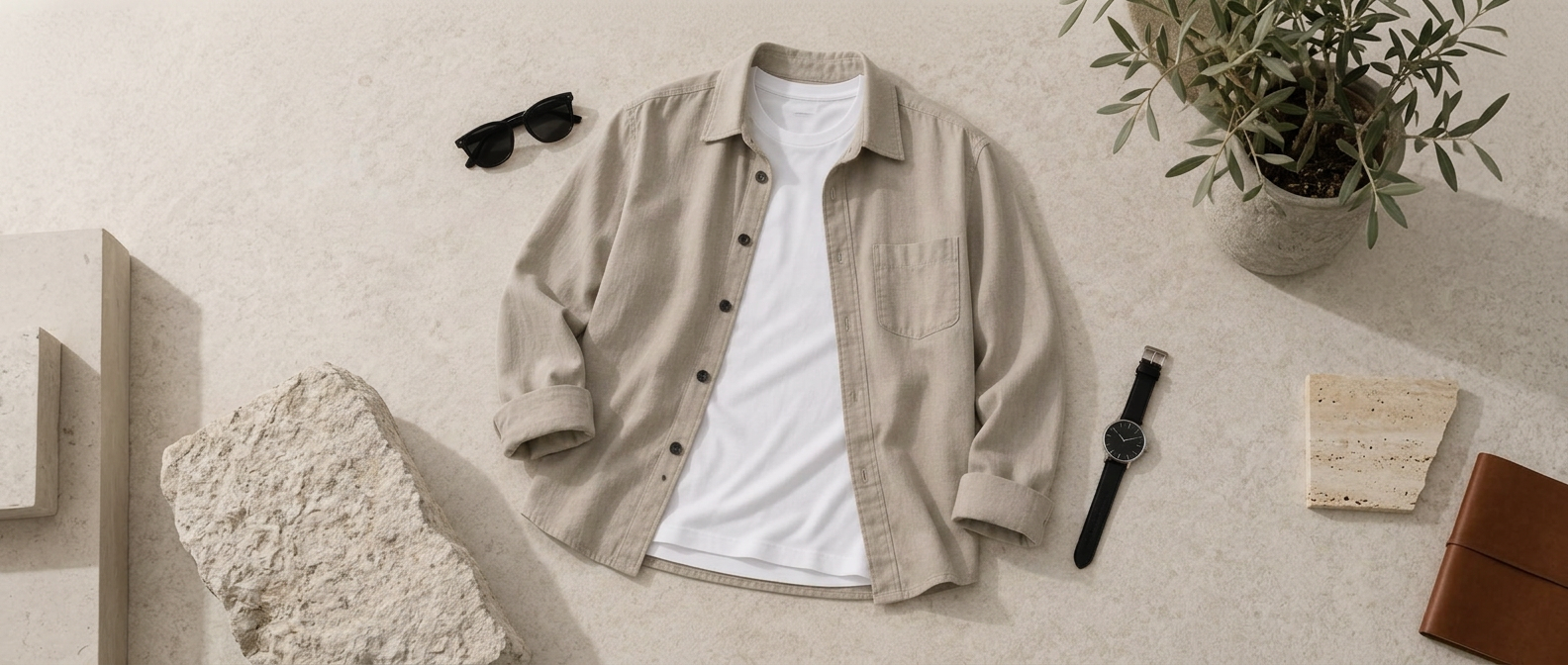 A lightweight neutral overshirt over a white T-shirt with sunglasses and a simple watch