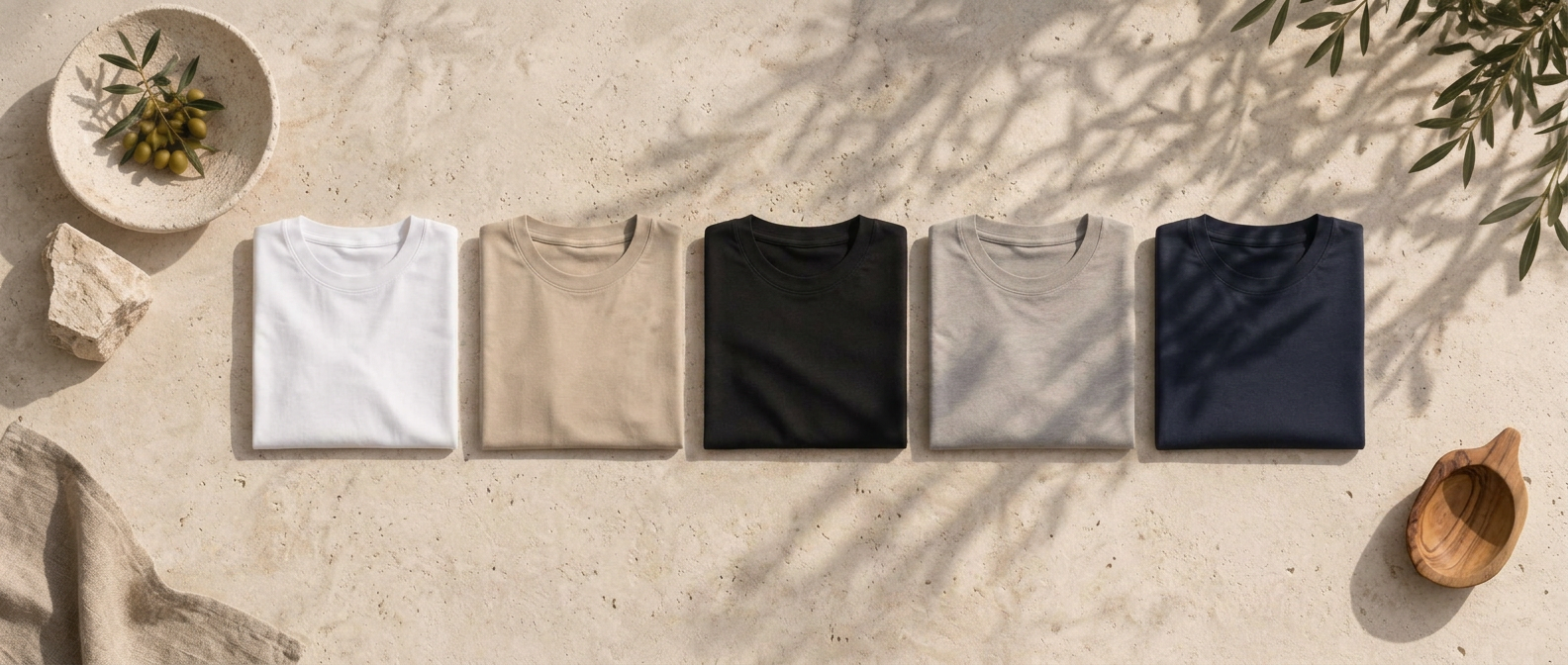 Neutral summer T-shirts in white, sand, grey, black and navy