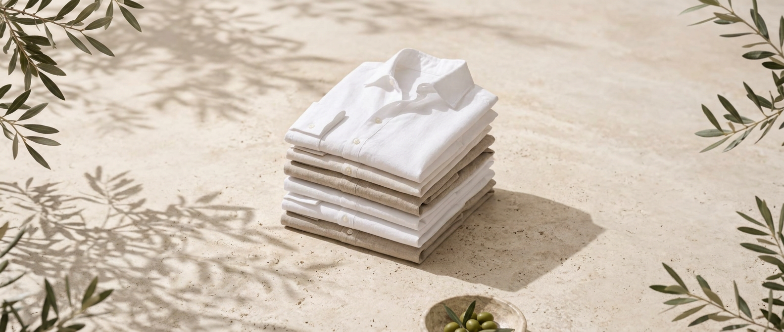 White and natural linen summer shirts folded on limestone