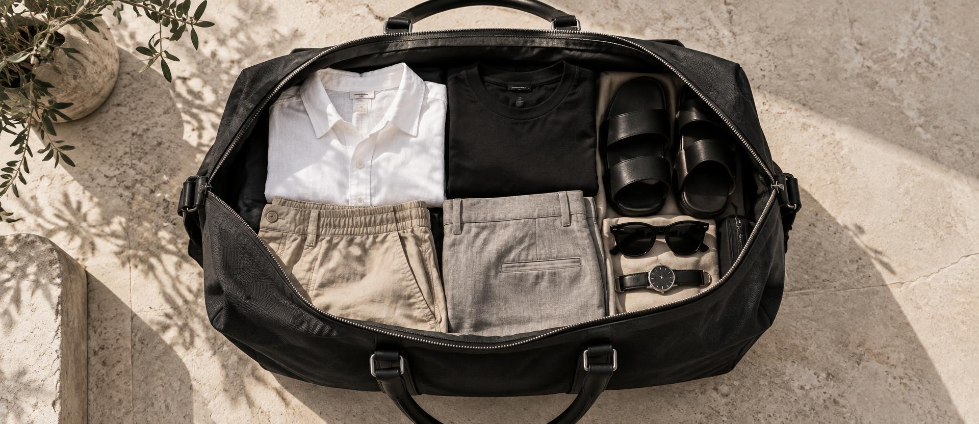 A black weekender bag packed with a compact neutral summer wardrobe