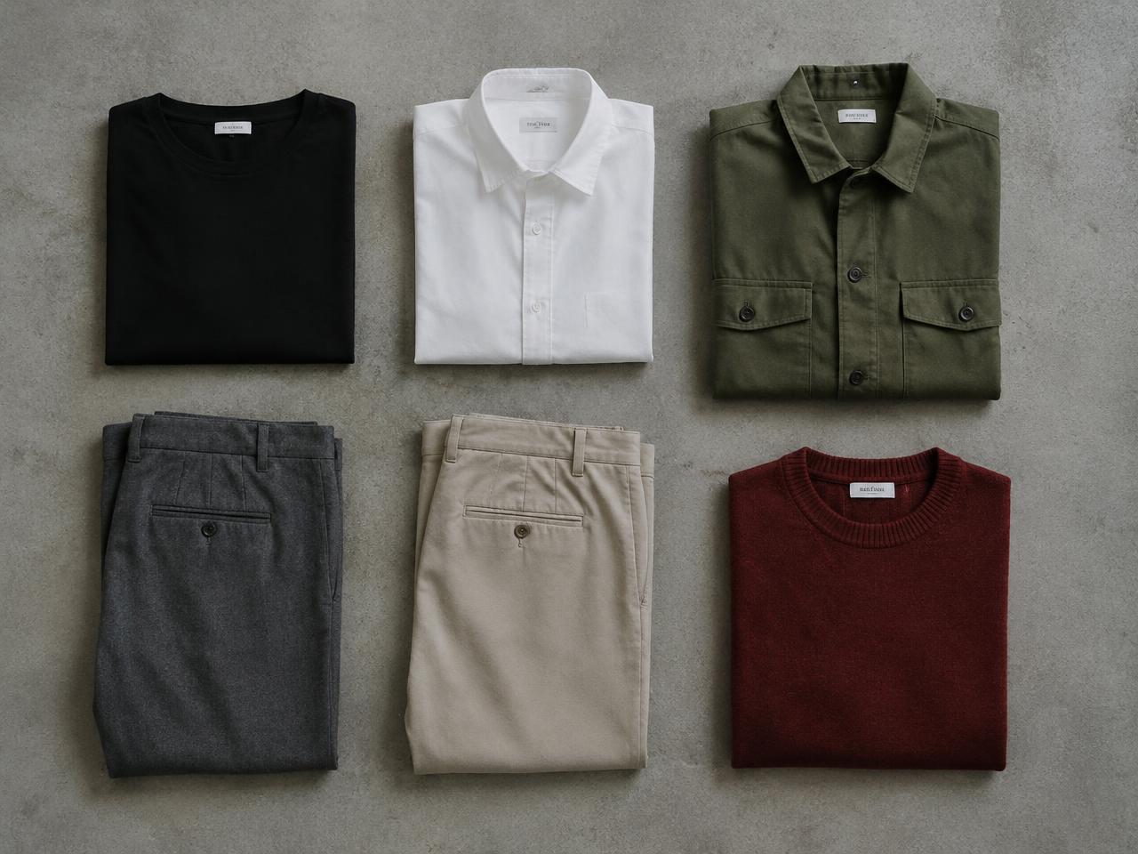 Black T-shirt, white shirt, olive overshirt, grey and stone trousers and a deep red knit