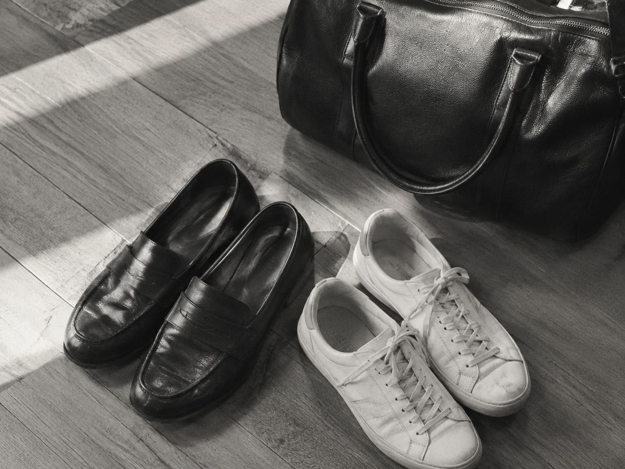 Worn black loafers and white trainers beside a leather travel bag