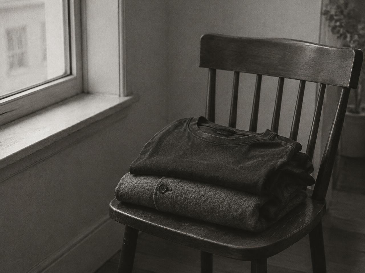 A softened black T-shirt and an old grey wool jacket folded on a chair