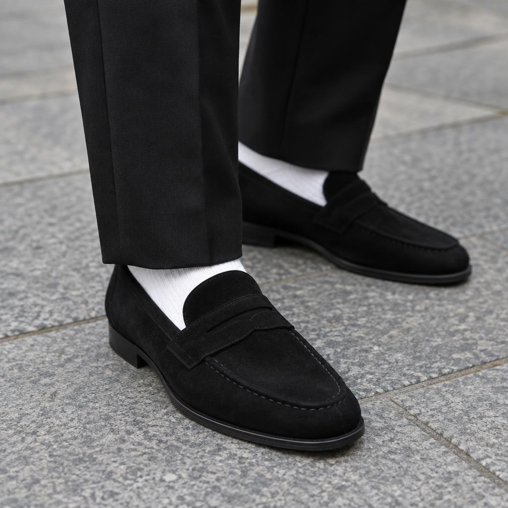 Chaussettes blanches sous un pantalon noir et des mocassins en daim noir