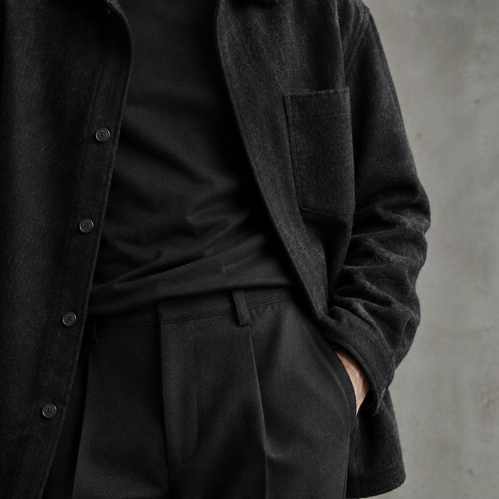 T-shirt en coton noir sous une surchemise noire brossée et un pantalon en laine noire