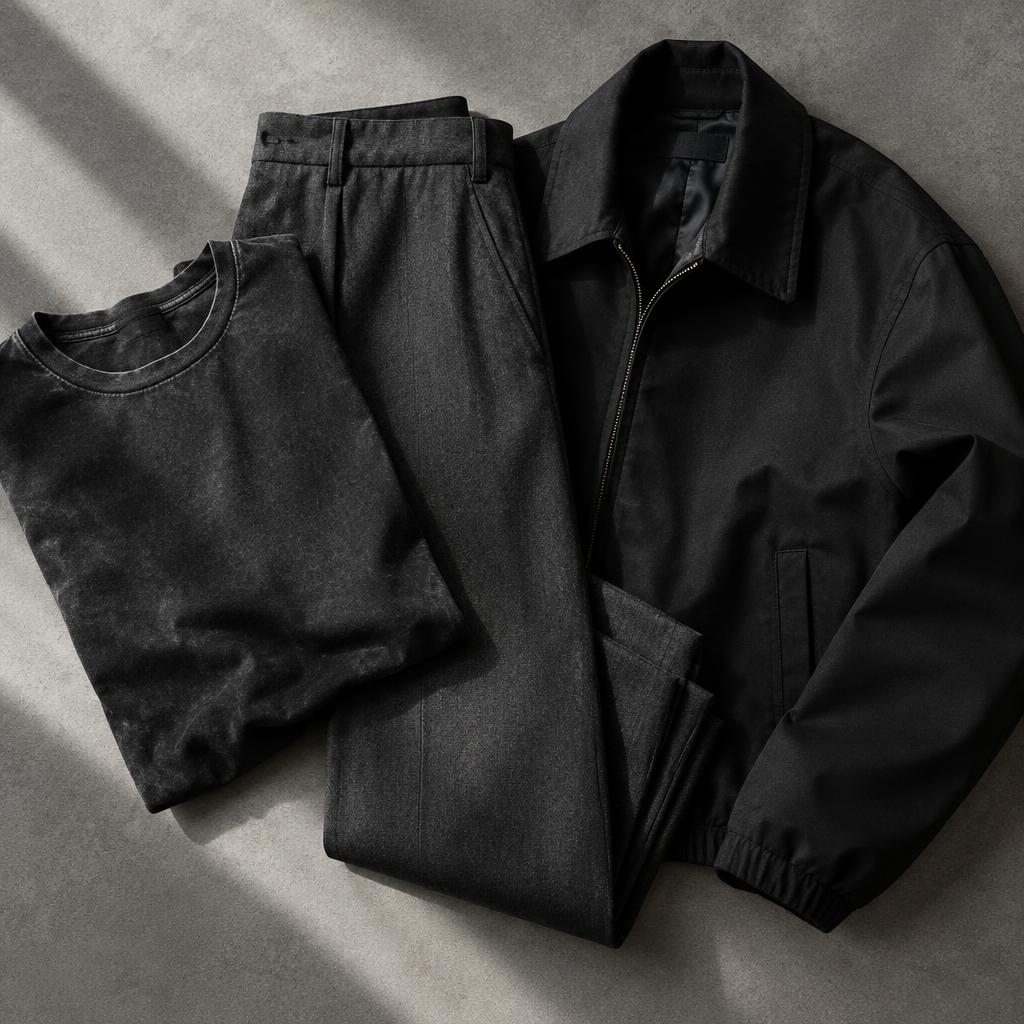 T-shirt noir délavé, pantalon graphite et veste noire