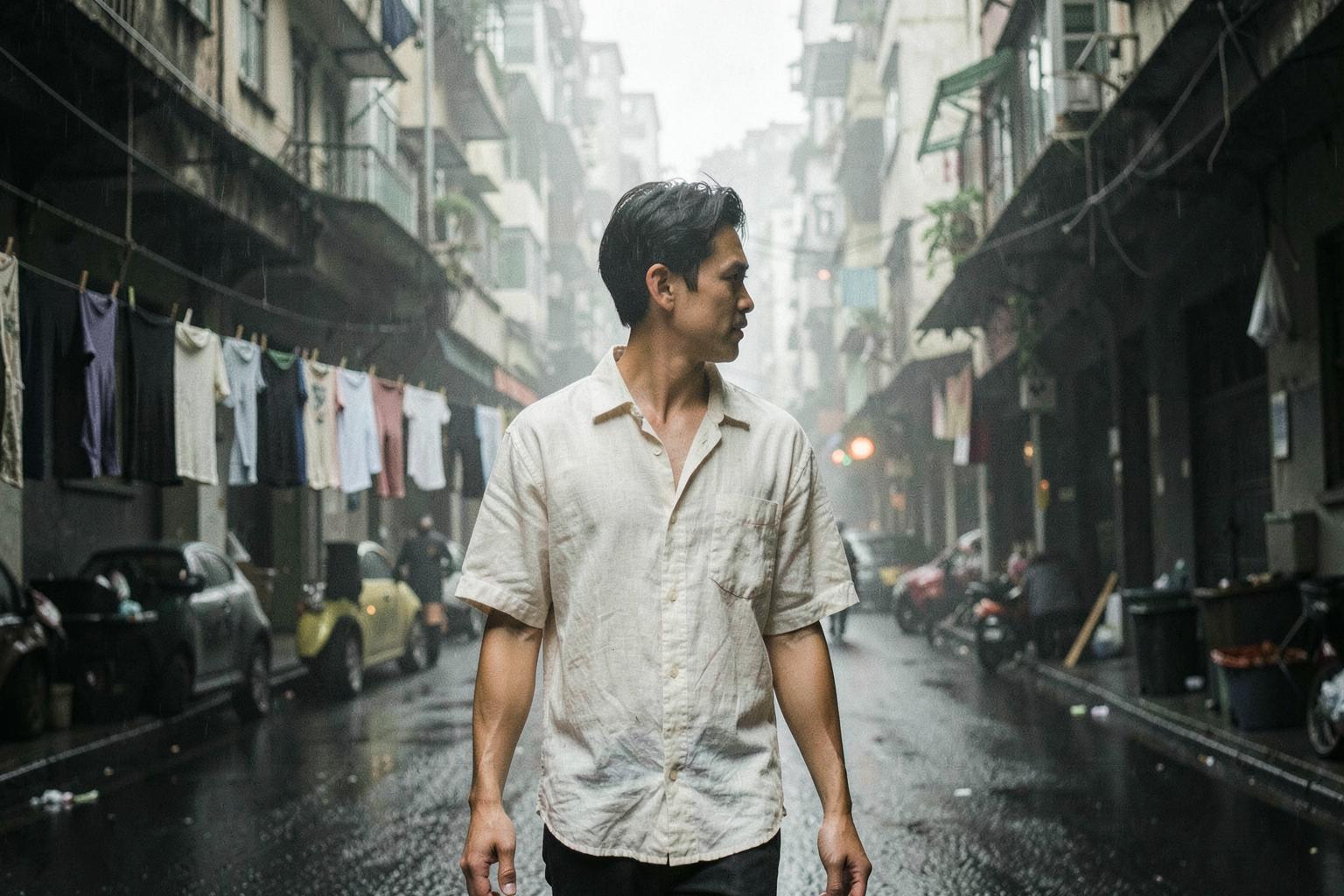 A man in a relaxed off-white linen shirt walking down a dense humid Hong Kong street in summer