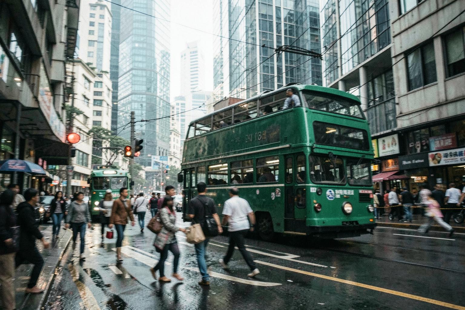 A green double-decker tram and pedestrians moving through a busy downtown Hong Kong street