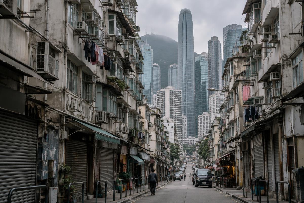 A narrow Hong Kong street of weathered apartment buildings with modern glass skyscrapers rising behind