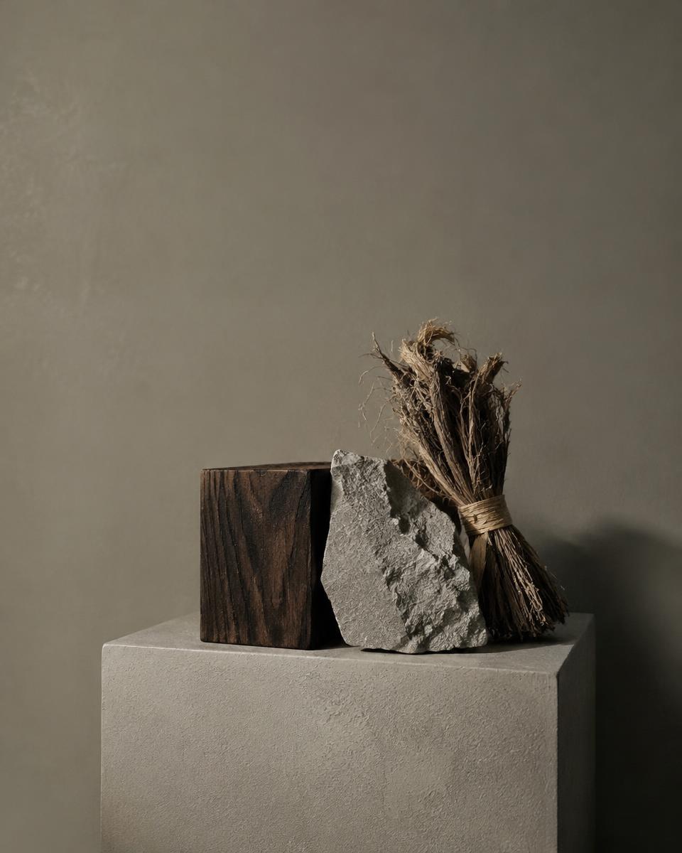 Oak block, rough stone and bundled plant fibre on a plaster plinth