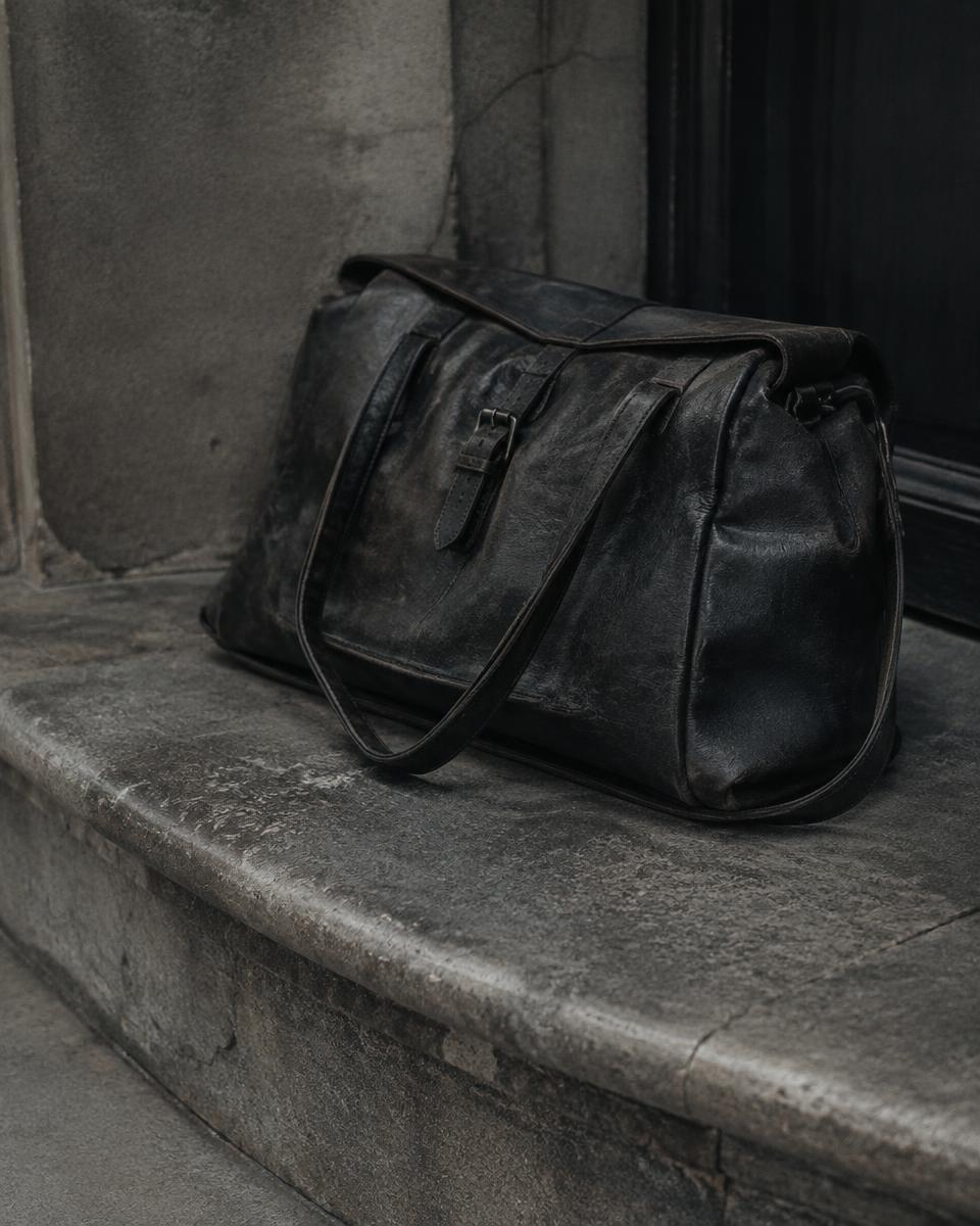 Worn black leather bag resting on a smoothed stone step
