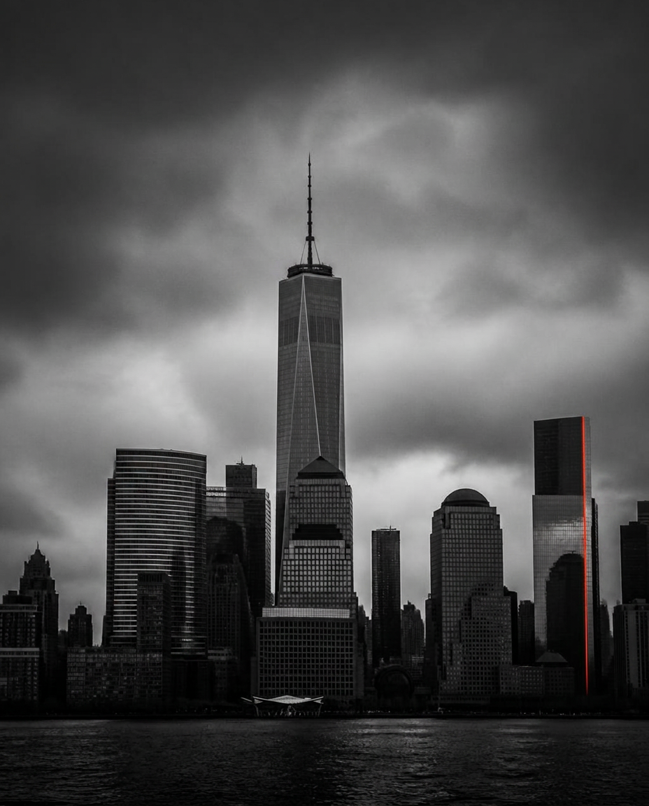 New York skyline in high-contrast monochrome with a single red accent